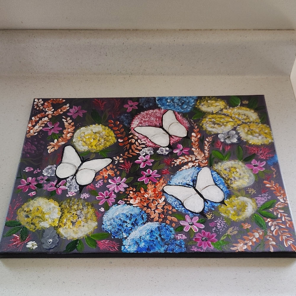 Hand-Painted Floral Canvas with White Butterflies